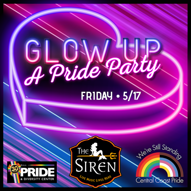 Glow Up Pride Part poster with neon heart logo
